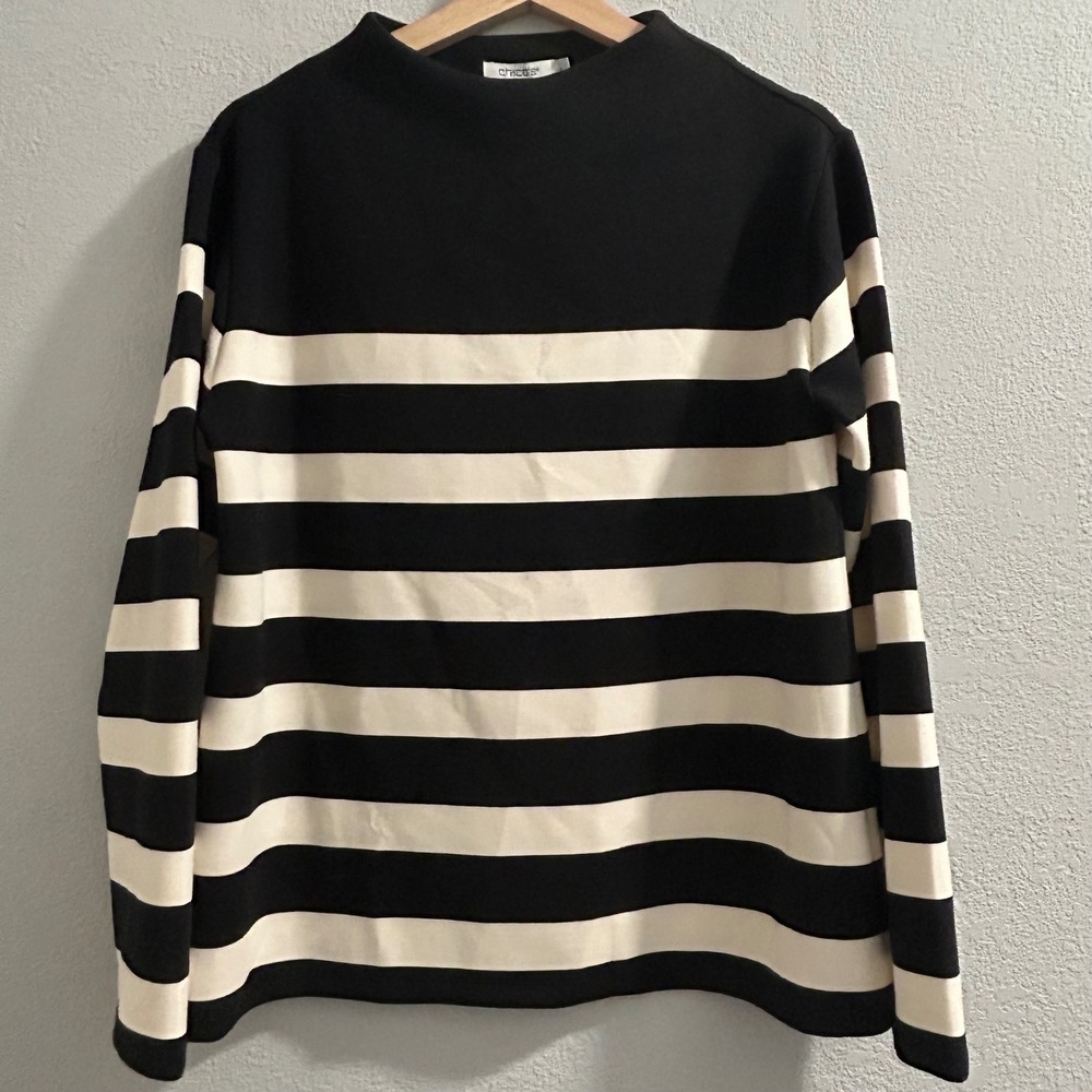 Chicos Knit Top Black & Beige Stripe Mock Neck Long Sleeve Medium NWT‎